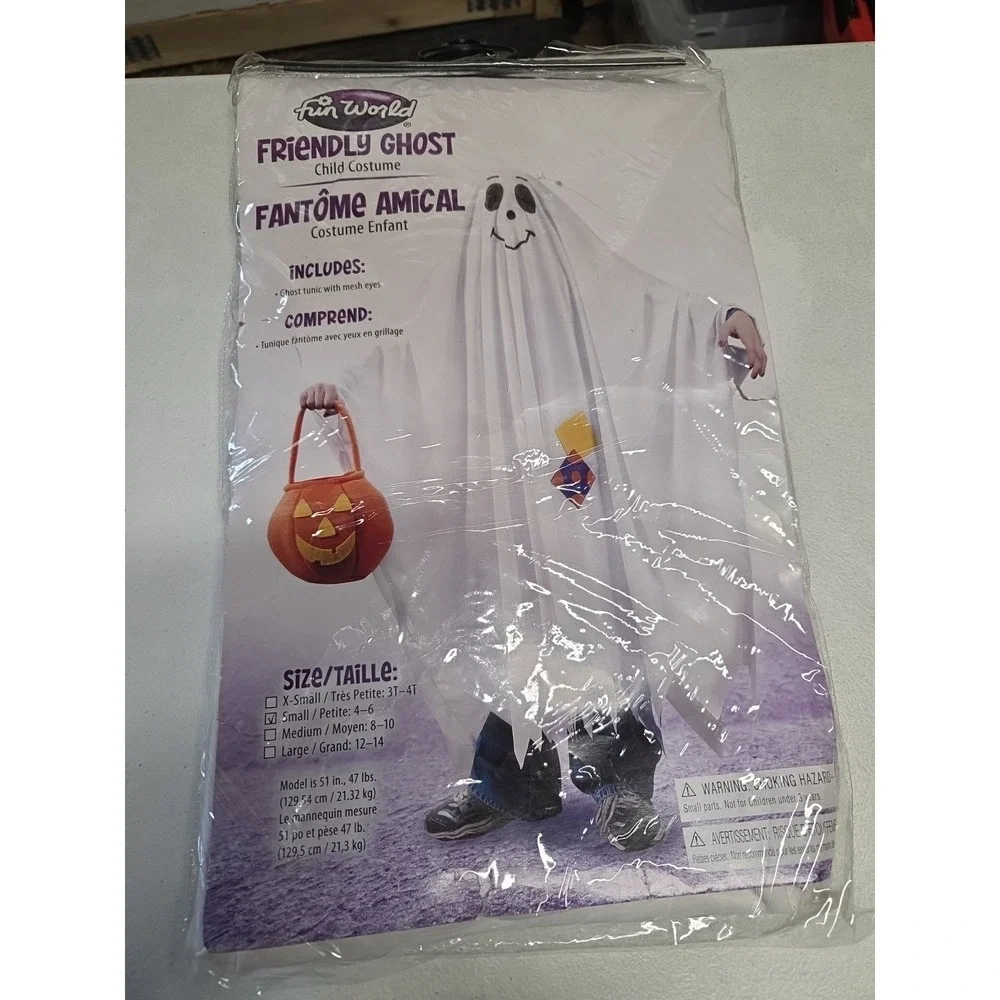 Fun World Friendly Ghost  Child Costume Small 4-6 New Ghost Tunic With Mesh Eyes